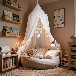 LOAOL Bed Canopy with Pom Pom Kids Reading Nook Hanging Tent (White) | Canopy for Kids Crib Baby Girl Netting Cover Canopy Crib Curtain Nursery Play Game Castle Room Decoration