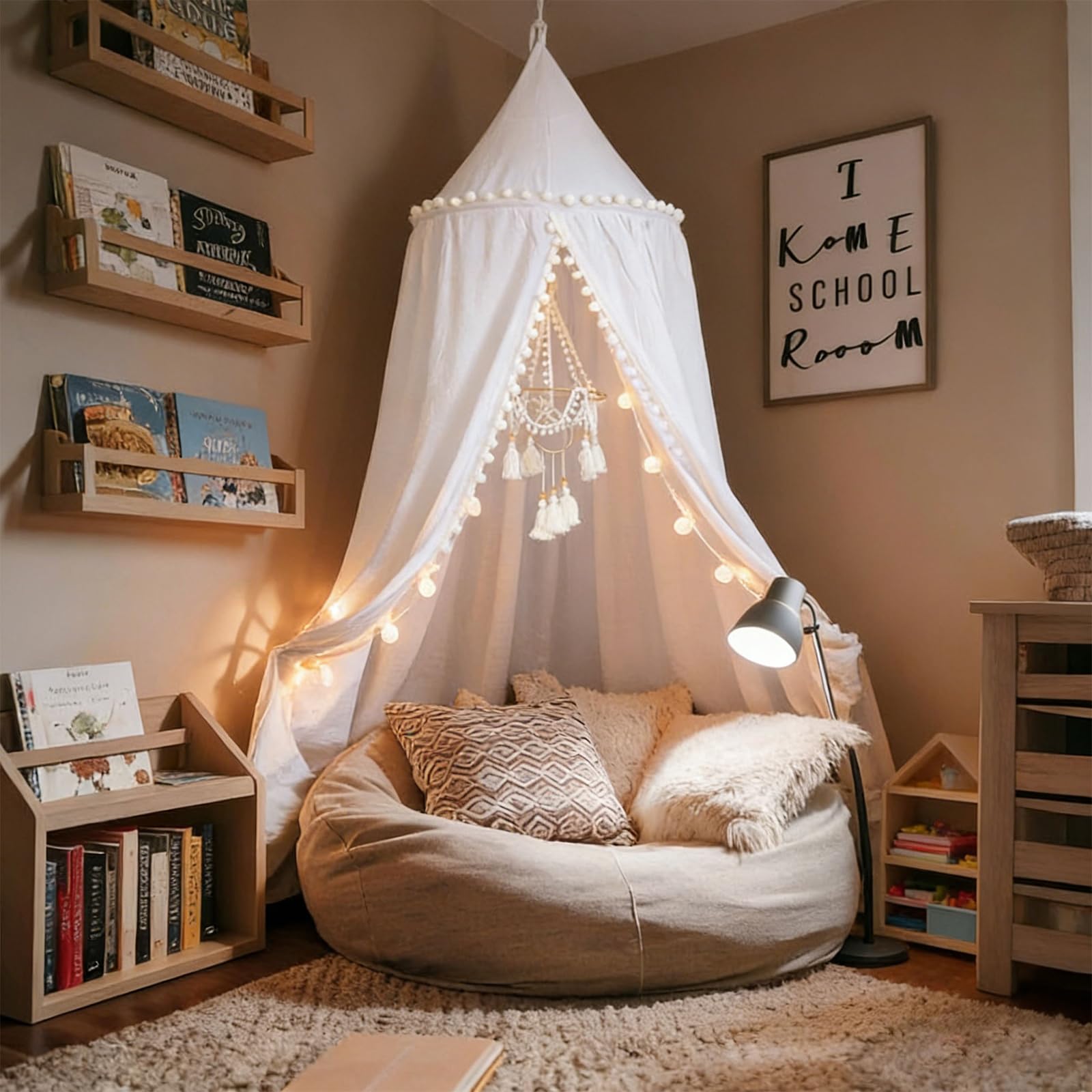 LOAOL Bed Canopy with Pom Pom Kids Reading Nook Hanging Tent (White) | Canopy fo