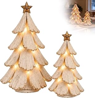 Vintage Lighted Christmas Tree Figurines Mini Tabletop Decor | vintage Christmas tree figurines with warm LED glow, farmhouse style design for tabletop, shelf and holiday decor