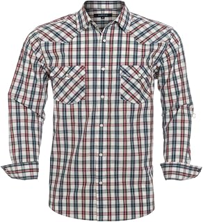Men’s Western Cowboy Shirts-Long Sleeve Snap Button Plaid Shirt, Regular Fit Cotton Casual Shirt