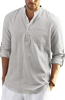 Enlision Men's Linen Solid Henley Shirts Casual Long Sleeve Summer Mao Classic Beach Shirt