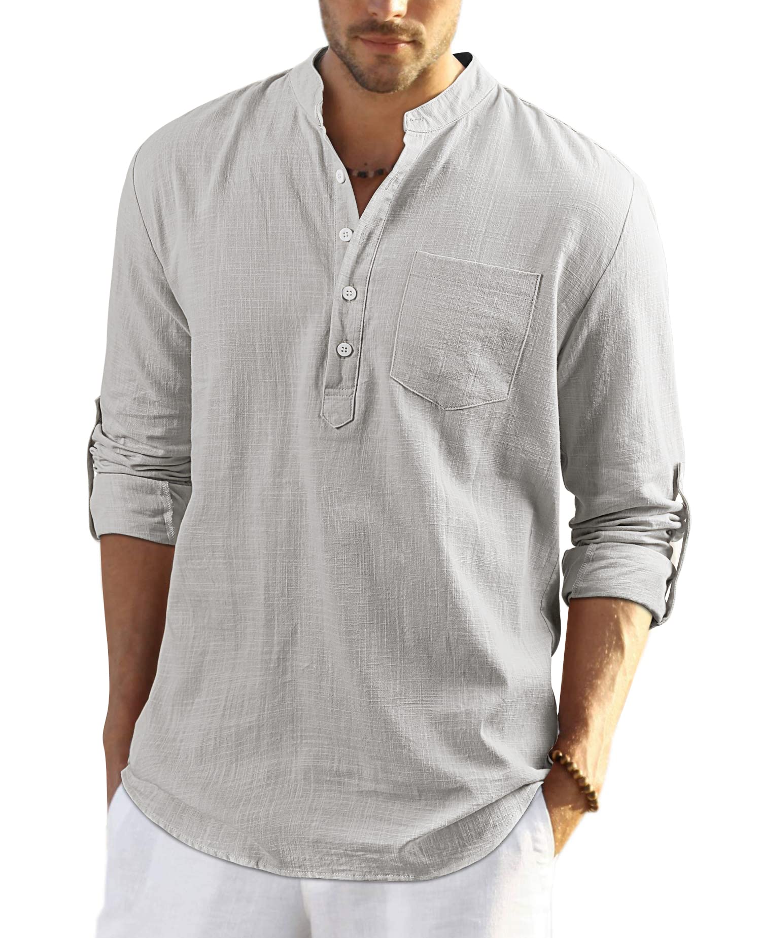 Enlision Men's Linen Solid Henley Shirts Casual Long Sleeve Summer Mao Classic B