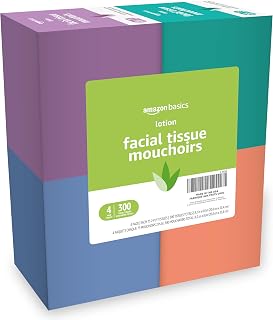 Amazon Basics Facial Tissues with Lotion, 2-Ply, 300 Count (4 Boxes, 75 Tissues per Box), Packaging May Vary
