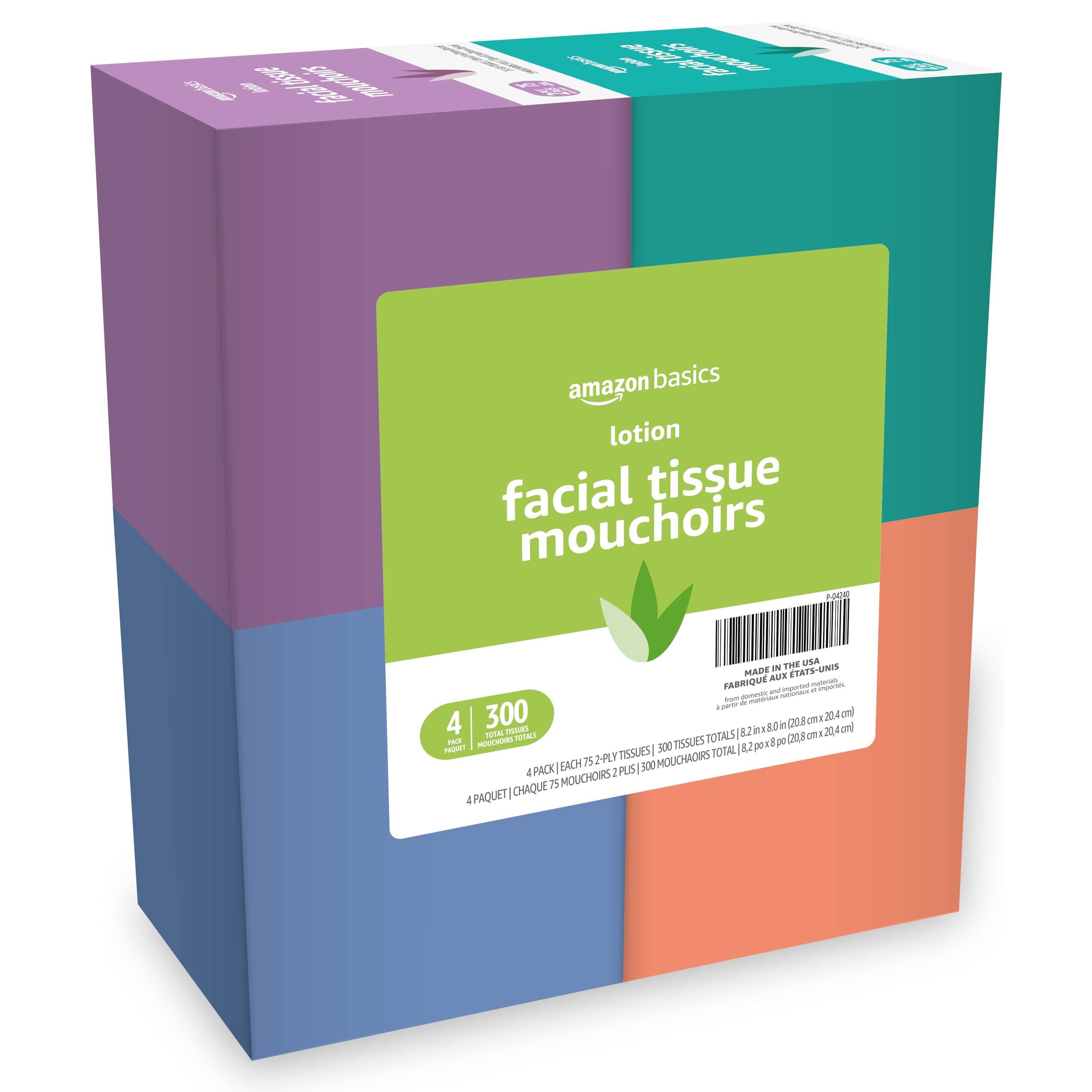 Amazon Basics Facial Tissues with Lotion, 2-Ply, 300 Count (4 Boxes, 75 Tissues 