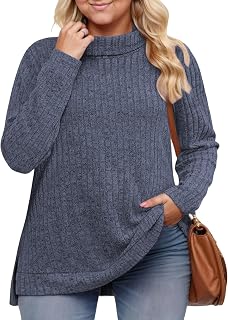 VISLILY Womens Plus Size Tops Trendy Turtleneck Lightweight Casual Long Sleeve Elegant Side Split Tunic Size 1X-5X