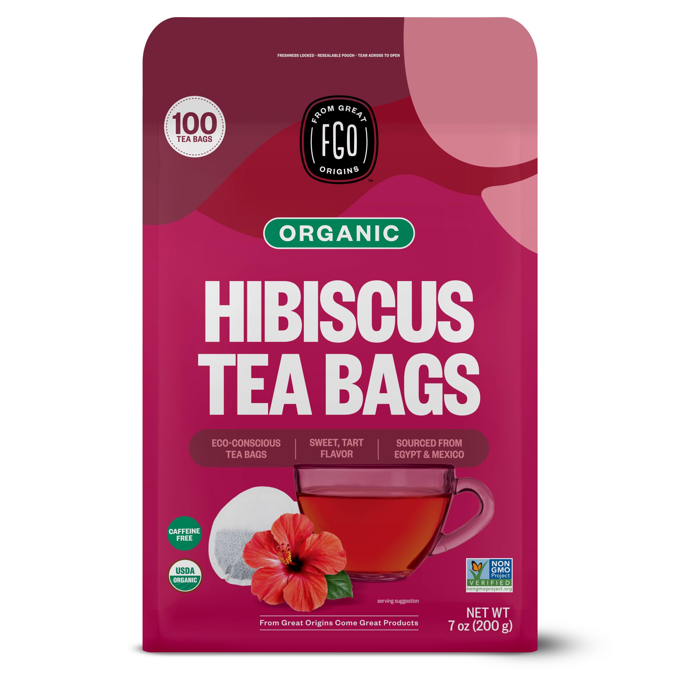 FGO Organic Hibiscus Tea, 100 Count, Eco-Conscious Tea Bags, Caffeine Free, Pack