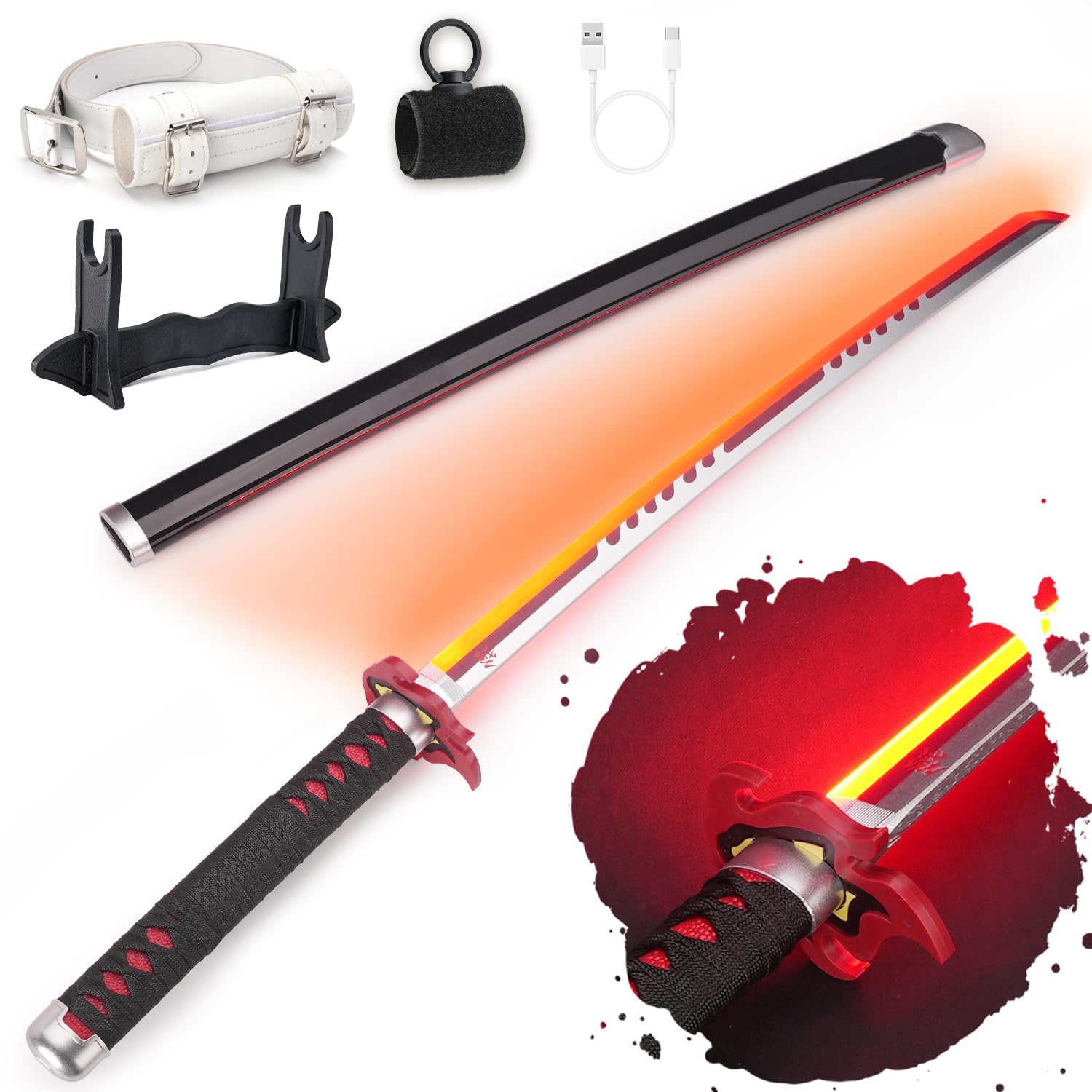 RENGENG Light Up Sword, 40 Inches Rechargeable Plastic Replica with Belt & Stand