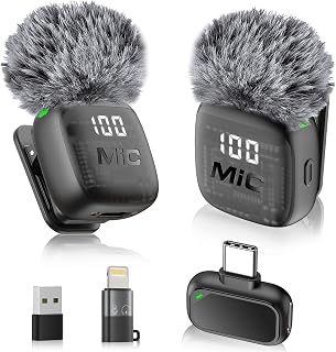 RICCHI Mini Microphone, Wireless Lavalier Microphones for iPhone Mic Vlog | 8H Operating Time, Plug & Play, Noise Cancelling, Lapel Mic for Video Recording, Streaming