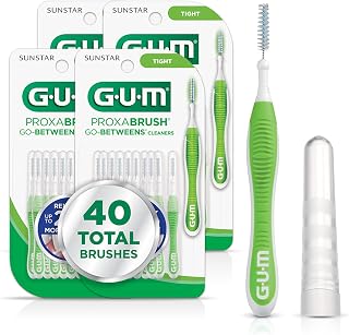 GUM Proxabrush Go-Betweens Tight Interdental Brushes, 10 Count (4 Pack) | Triangular soft bristles, Nylon-coated wire safe for braces & implants, Reusable with breathable travel cap, 10 days of use