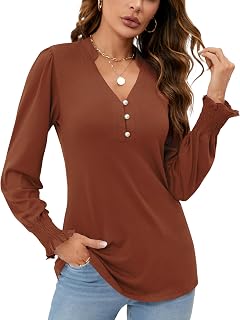 Rapbin Women V Neck Blouses Long Sleeve Button Down Long Sleeve Blouses Autumn Tops 2025 Ruffle Cuffs Elegant Casual T Shirts