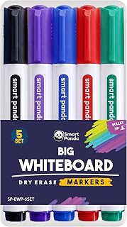 Smart Panda 5 Big Whiteboard Pens, Bullet Tip, Erasable, Assorted Colours | Easy Erase Dry Erase Markers, No Ghosting, Thick Chunky Nibs, Coloured White Board Ink, Non-Toxic for Kids, School & Office