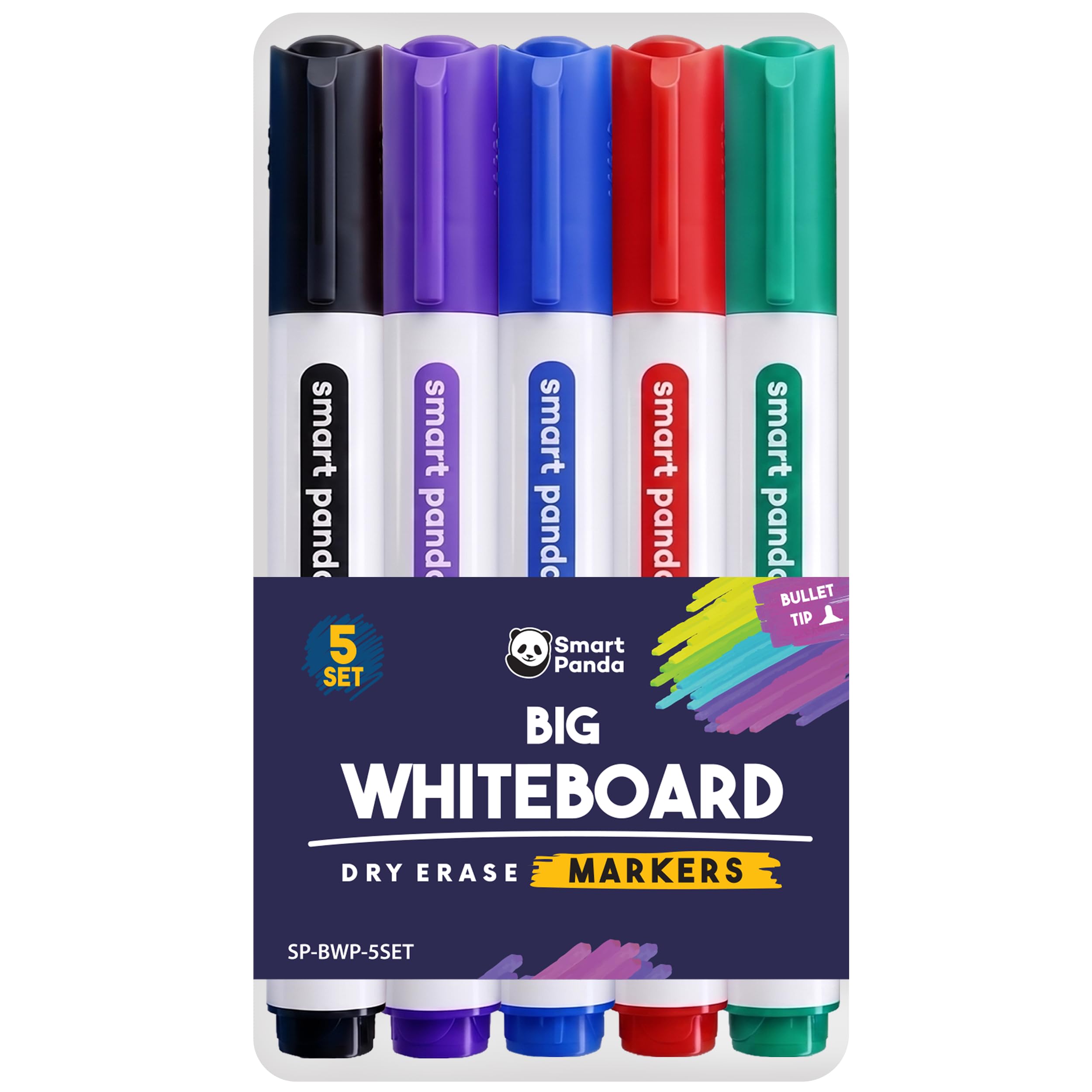 Smart Panda 5 Big Whiteboard Pens, Bullet Tip, Erasable, Assorted Colours | Easy