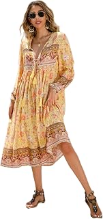 R.Vivimos Women's Long Sleeve Floral Print Retro V Neck Tassel Bohemian Midi Dresses
