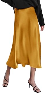 Zeagoo Women's High Waist Solid Satin Midi Skirt Dress Zipper Elegant Summer Skirts