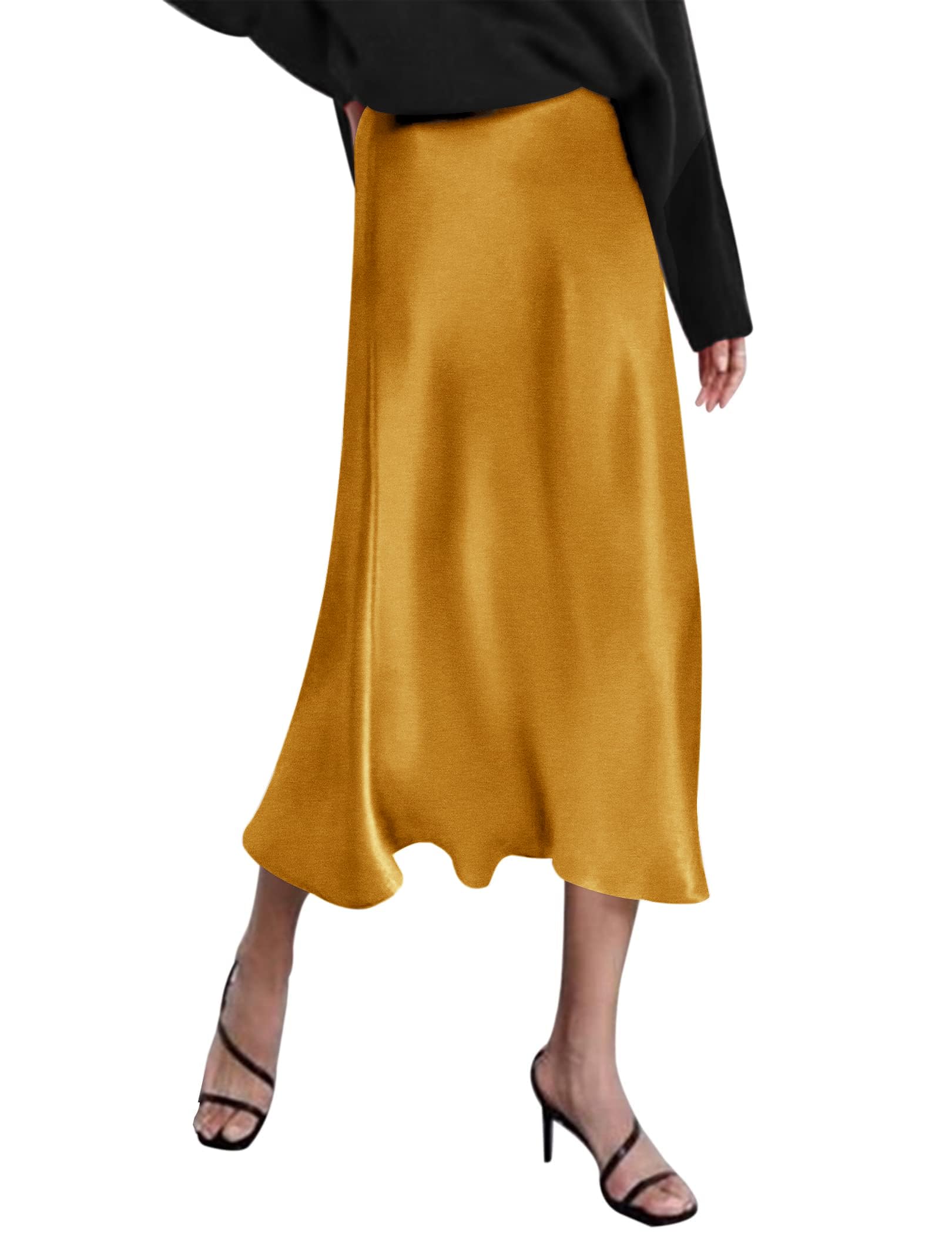 Zeagoo Women's High Waist Solid Satin Midi Skirt Dress Zipper Elegant Summer Ski