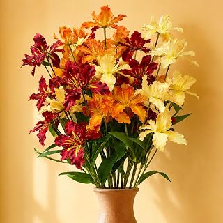 12 Pcs Artificial Iris Flowers, 31.5 Inch Real Touch Silk Iris Stems Fake Flowers for Home Table Centerpiece Wedding Bridal Bouquet Garden Party Decoration, Champagne Gold Orange Red