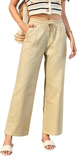 Enmain Women's Summer Linen Trousers Elastic Waist Casual Lightweight Loose Pants with Pockets for Holiday Beach or Walking