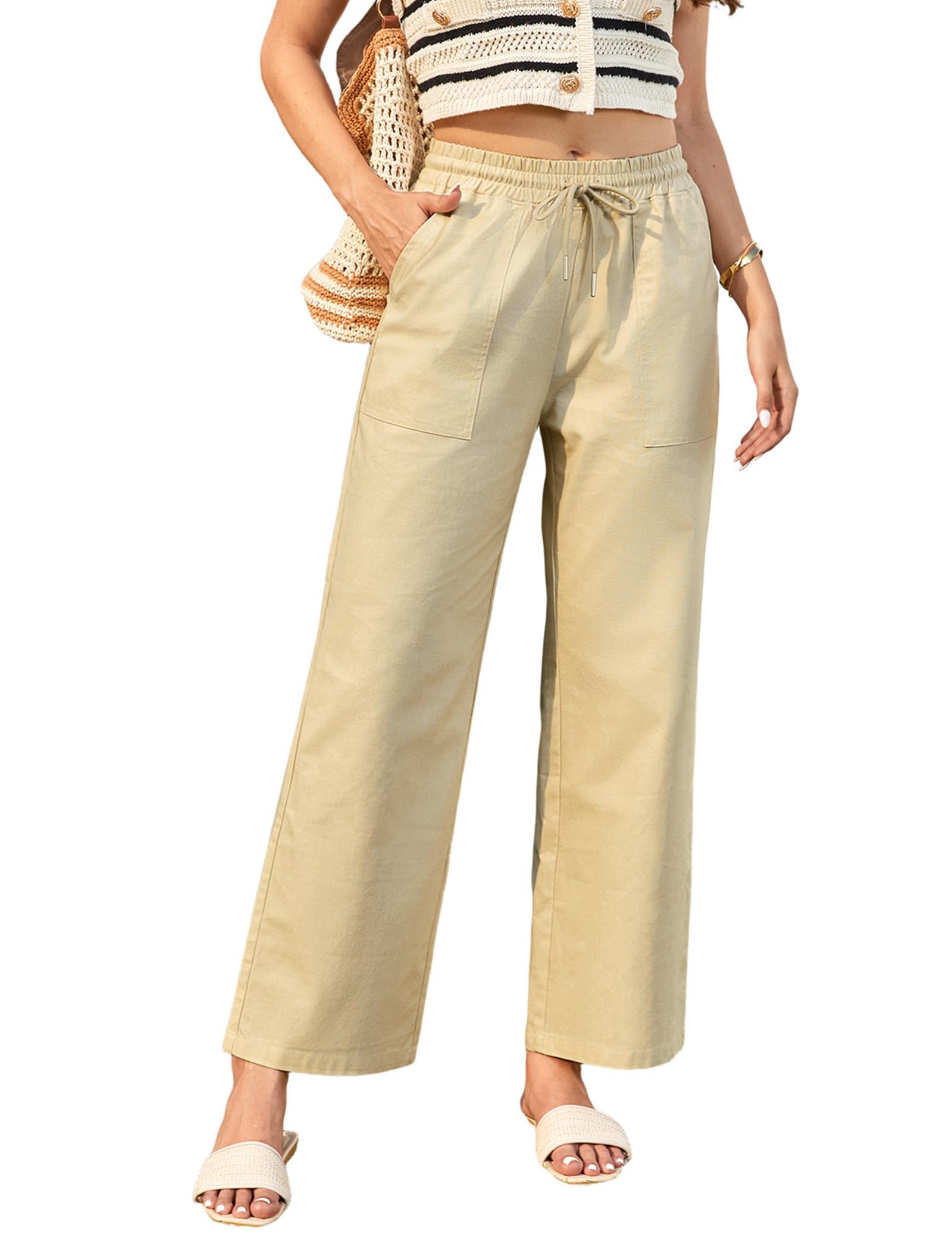 Enmain Women's Summer Linen Trousers Elastic Waist Casual Lightweight Loose Pant