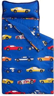 Wake in Cloud - Toddler Nap Mat with Pillow and Blanket, for Kids Boys Ages 3 Plus in Kindergarten Daycare Preschool, Roll Up Sleeping Bag, Race Cars Vehicles