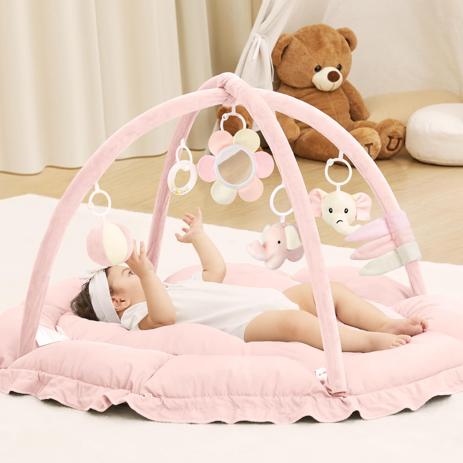 ANGELBLISS 5 in 1 Baby Play Gym Mat, Reversible Tummy Time Mat with 5 Sensory To