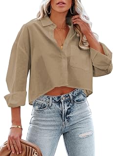 Tankaneo Women's Long Sleeve Casual Lapel Top Short Shirt with Chest Pocket