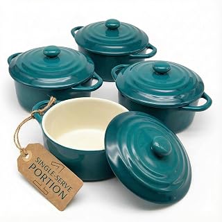 Kook Mini Cocotte, Lids, Handles, Dutch Oven, Set of 4, 12 oz, Aqua Ombre | Individual Baking Ramekins, Microwave Dishwasher Safe Stoneware, Small, Bread, Sourdough, Souffle, Casserole