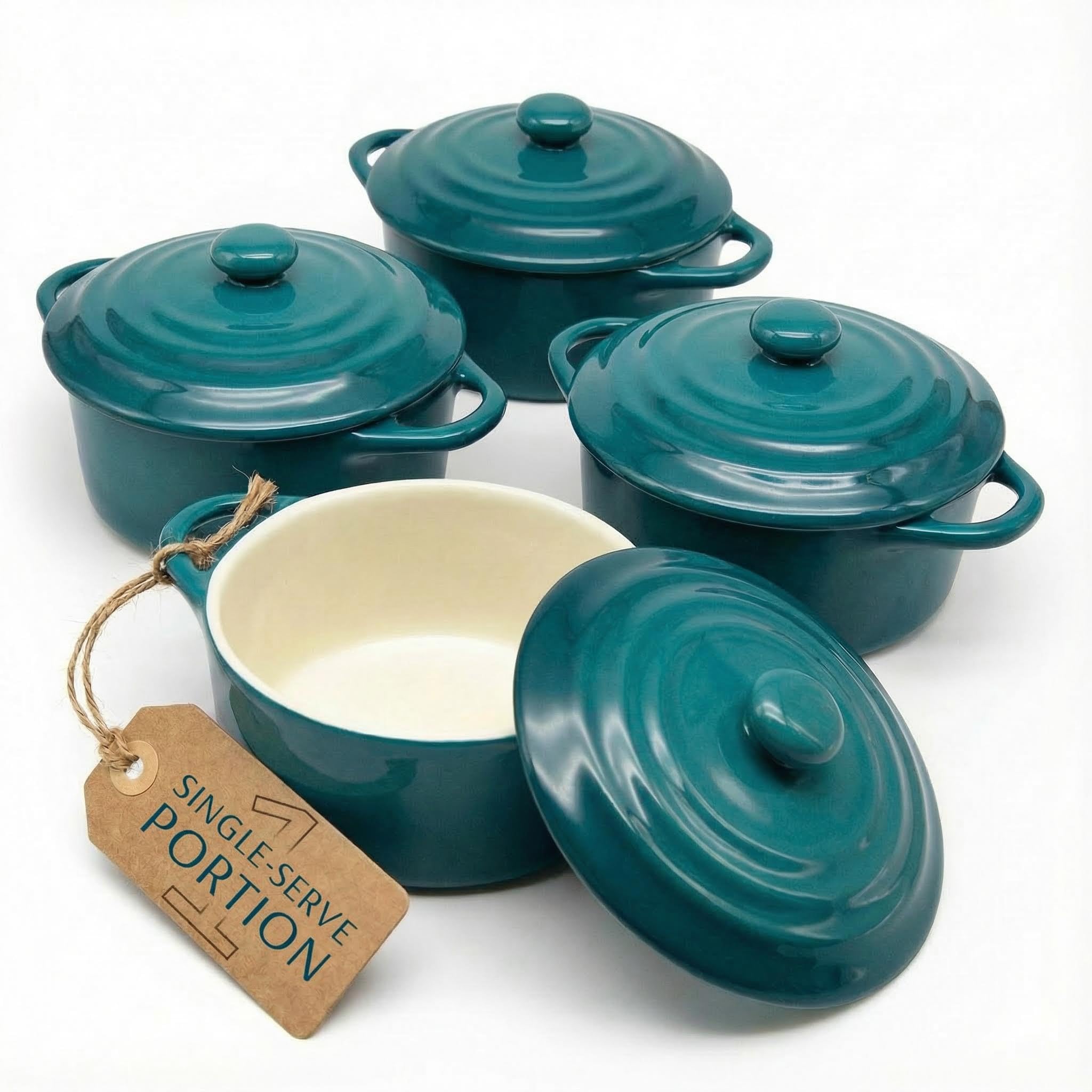 Kook Mini Cocotte, Lids, Handles, Dutch Oven, Set of 4, 12 oz, Aqua Ombre | Indi