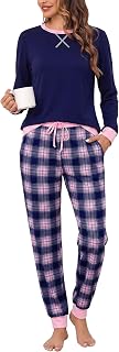 Bresdk Women's Winter Cotton Two-Piece Pajama Set with Plaid Trousers
