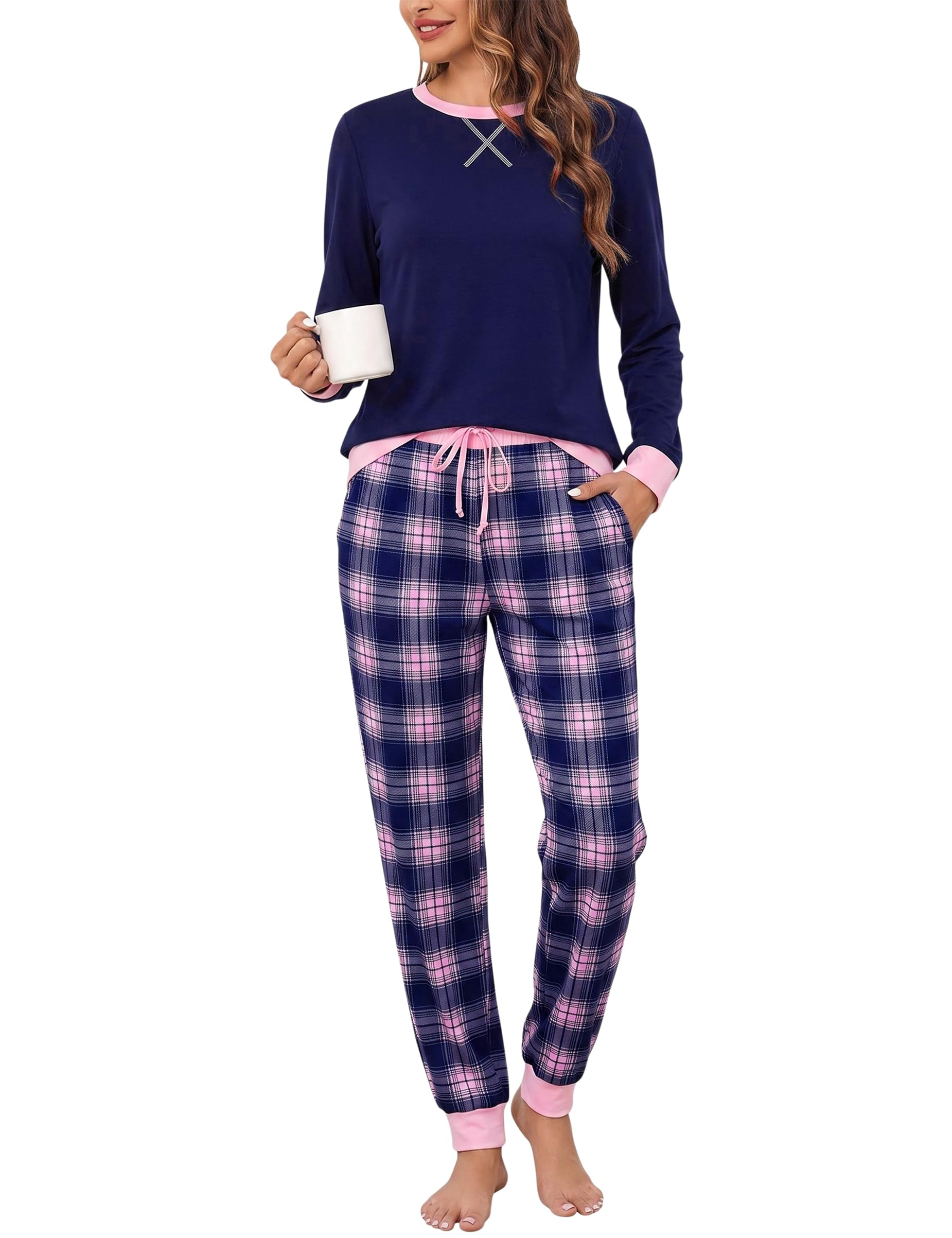 Bresdk Women's Winter Cotton Two-Piece Pajama Set with Plaid Trousers