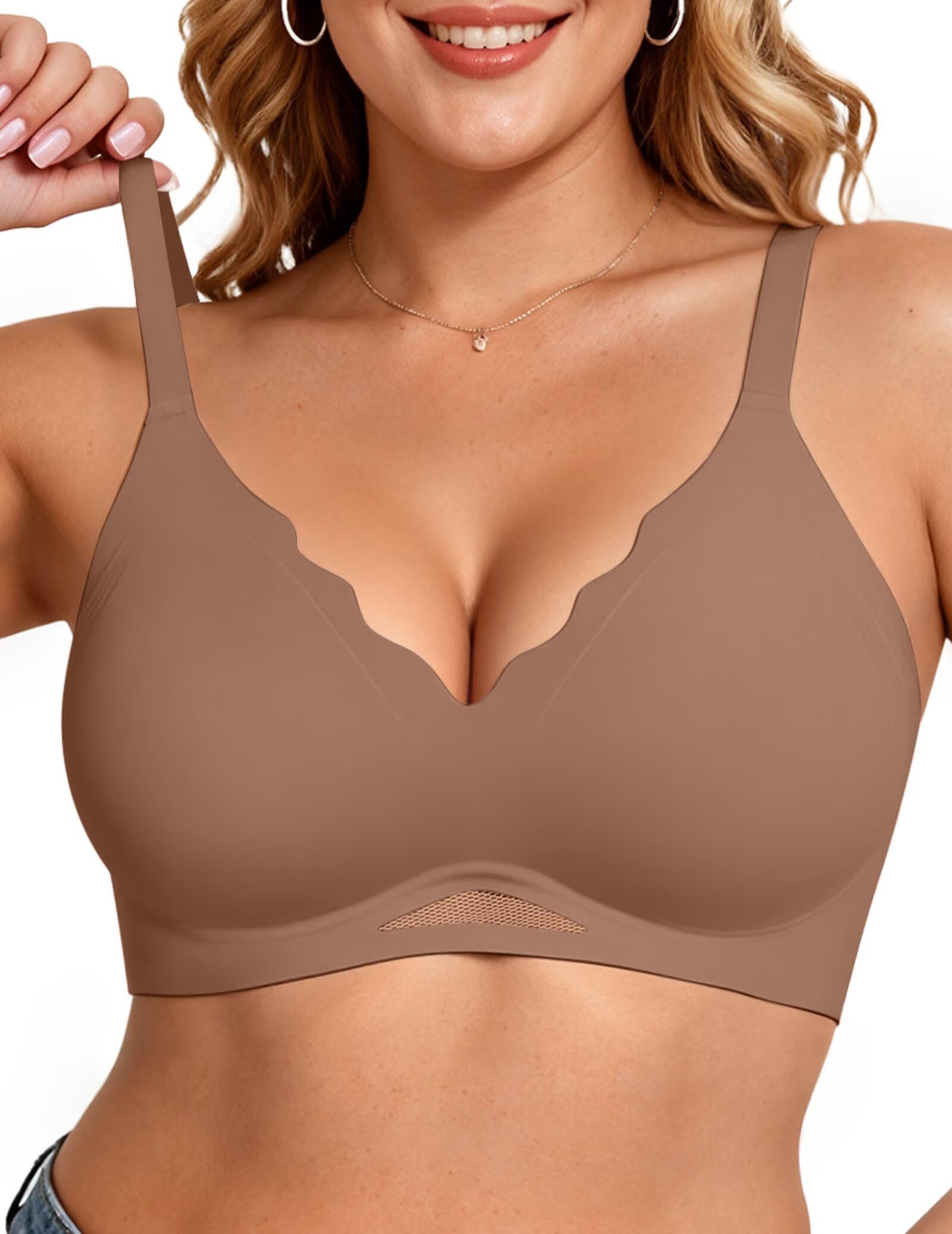 Vertvie Bras for Women Wireless Comfortable Scalloped Push Up Bra Seamless Full 