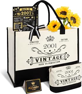 25th Birthday Gift for Women-Vintage 2001 Canvas Tote Bag,Makeup Bag,Poster