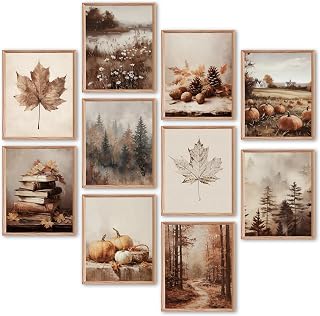 Benjia 10Pcs 8x10 inch Fall Wall Art Prints, Retro Rustic Aesthetic Vintage Autumn Scenery Posters for Living Room Bedroom Thanksgiving Decor (Unframed)
