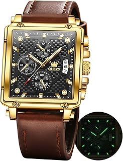 OLEVS Watches for Men Quartz Chronograph Leather Fashion Dress Watch Date Waterproof Luminous Casual Square Wristwatches, Black (Black-1)