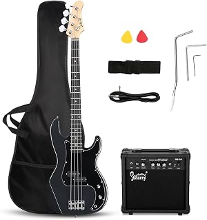 GLARRY Full Size Electric Bass Guitar Beginner Kit 4 String Exquisite Basswood Bass with 20W AMP, Cable, Strap, Bag and Accessories (Grey, 39"Right Handed)