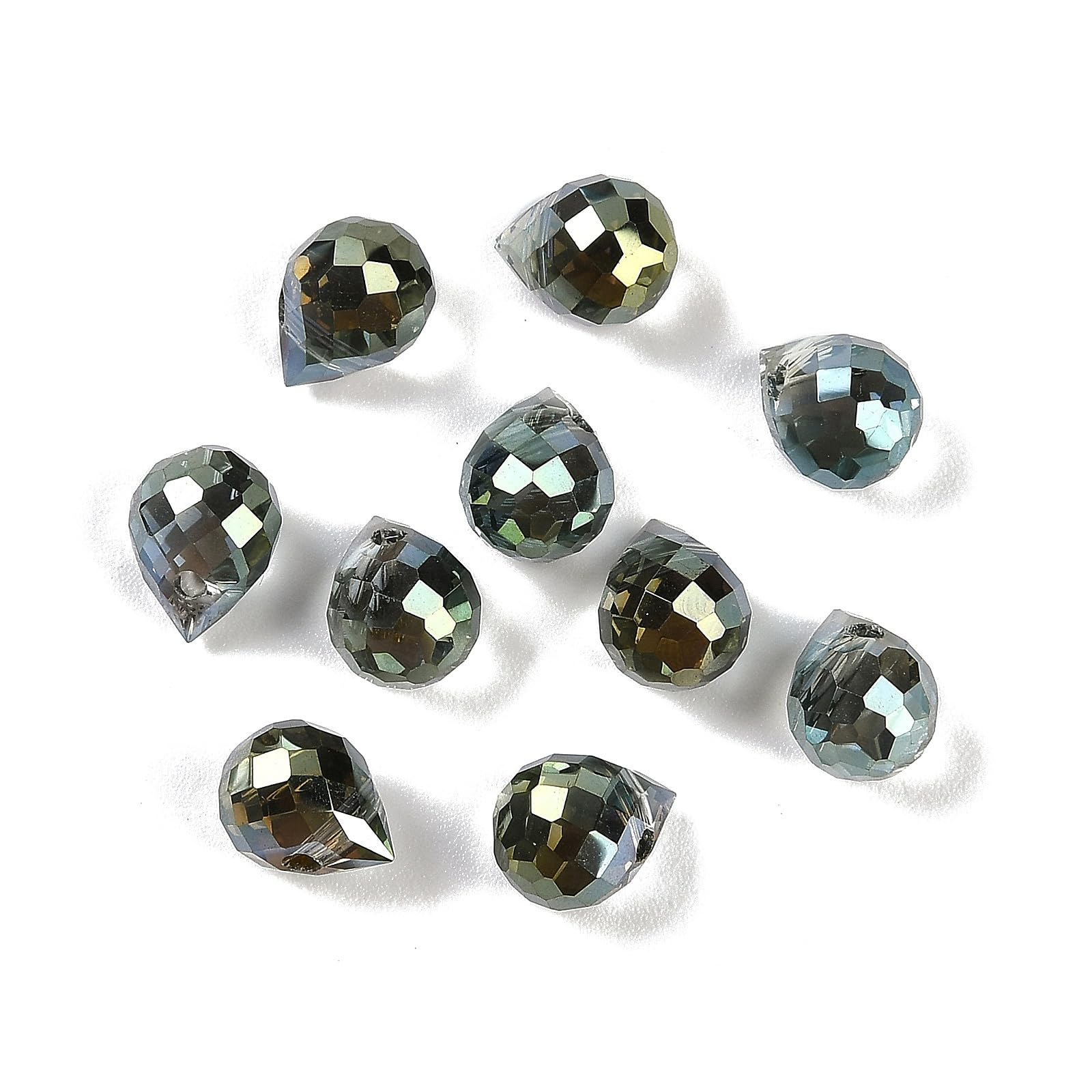 100pcs Dark Green Water Drop Glass Beads Rainbow Plated Beads with Top Drilled P