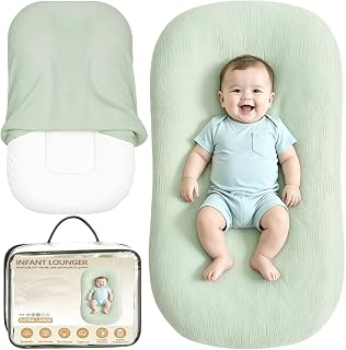 Baby Lounger &amp; Baby Nest, Extra Large Muslin Infant Lounger for Newborns | Breathable &amp; Soft, Portable Infant Support Cushion for Home and Travel, Essential Baby Gift, 1 Lounger + 1 Cover, Green