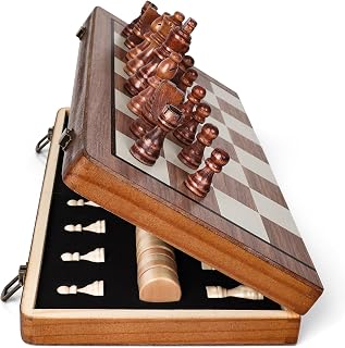 Wooden Magnetic Chess Board Set, 15 inch 2 in 1 Portable Folding Checkers Chess Set with 2 Extra Queen and Carry Bag Handmade Large Chess Game