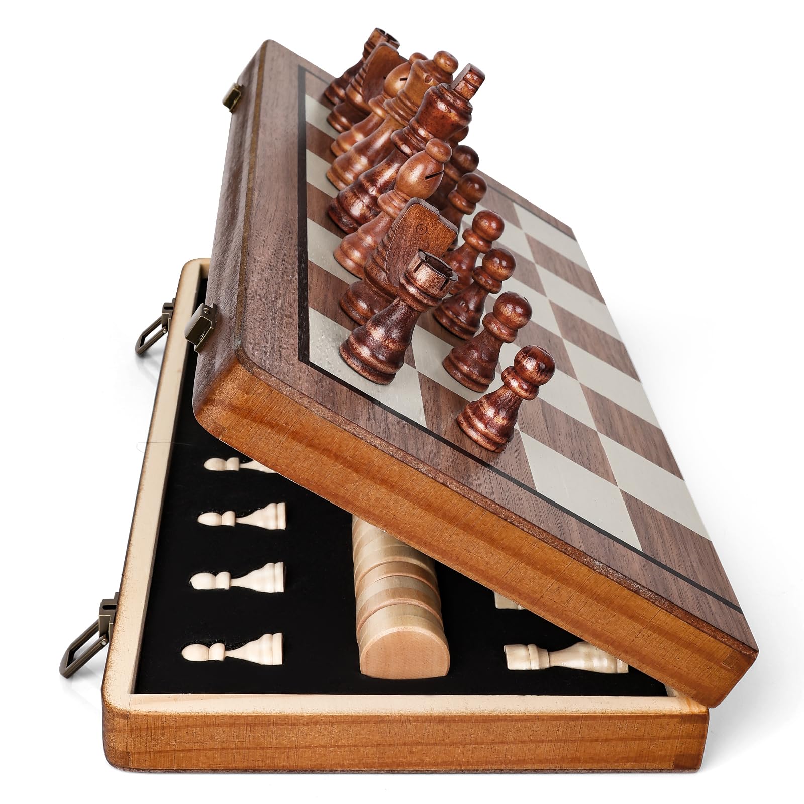 Wooden Magnetic Chess Board Set, 15 inch 2 in 1 Portable Folding Checkers Chess 