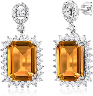 Gem Stone King 10-20 Cttw Gemstone Birthstone Halo Dangle Earrings For Women | 925 Sterling Silver | Emerald Cut 14X10MM | Fine Jewelry Gift for Her Mom Women Wife