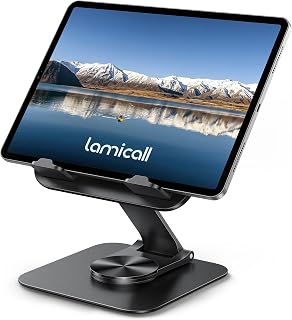 Lamicall Adjustable iPad Stand for Desk, Ultra-Slim Foldable, 360° Rotation | 360° Rotation Metal Base, Heavy-Duty Tablet Holder Stand for 4.7-13" iPad Pro Air Mini E-Reader Kindle Tabs Switch Stand