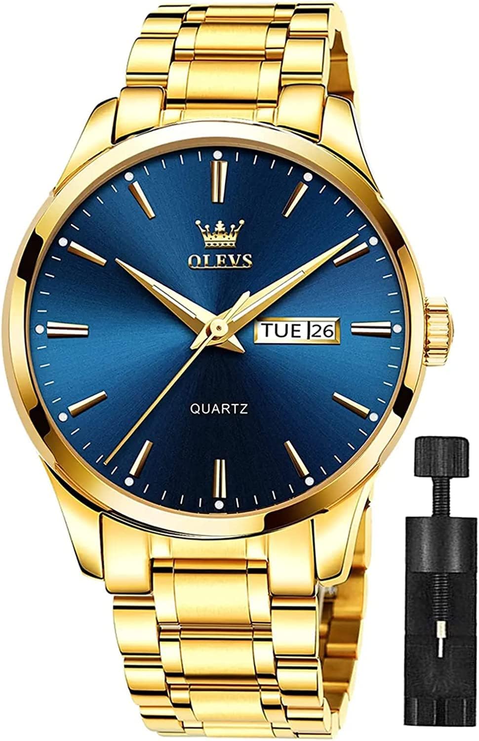OLEVS - Mens Classic Big Dial Business Watch Green Dial Black/White/Blue Multifu