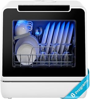 EUHOMY Countertop Dishwasher Portable, 8 Programs with 5L Tank, Black, 40dB | 360° Dual Spray Arms, 29-min Quick Wash, 8-Program with Child Lock and Delay Mode, 167°F, 73h Ventilation, 40dB, Time-Saving