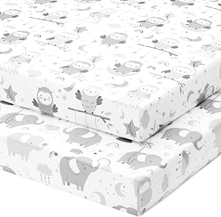Joey + Joan Pack and Play Sheets Fitted for Graco Pack n Play Playard, 2pk | 100% Cotton, OEKO-Tex certified, Jersey knit, breathable, super soft 27x39 pack n play sheets for playpen porta crib mattress