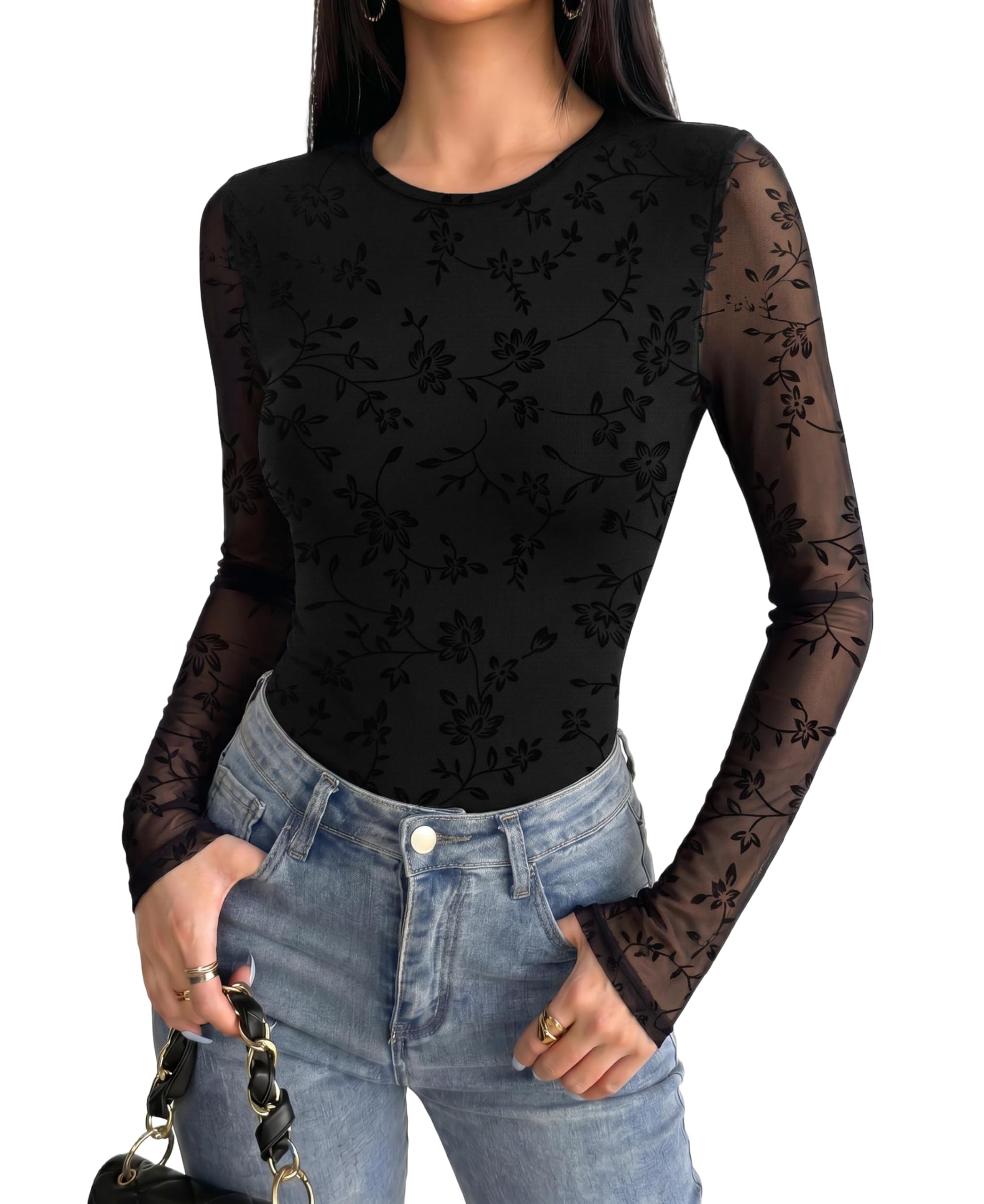 Hotouch Women's Sheer T-Shirt Long Sleeve Sexy Shirts Mesh Top