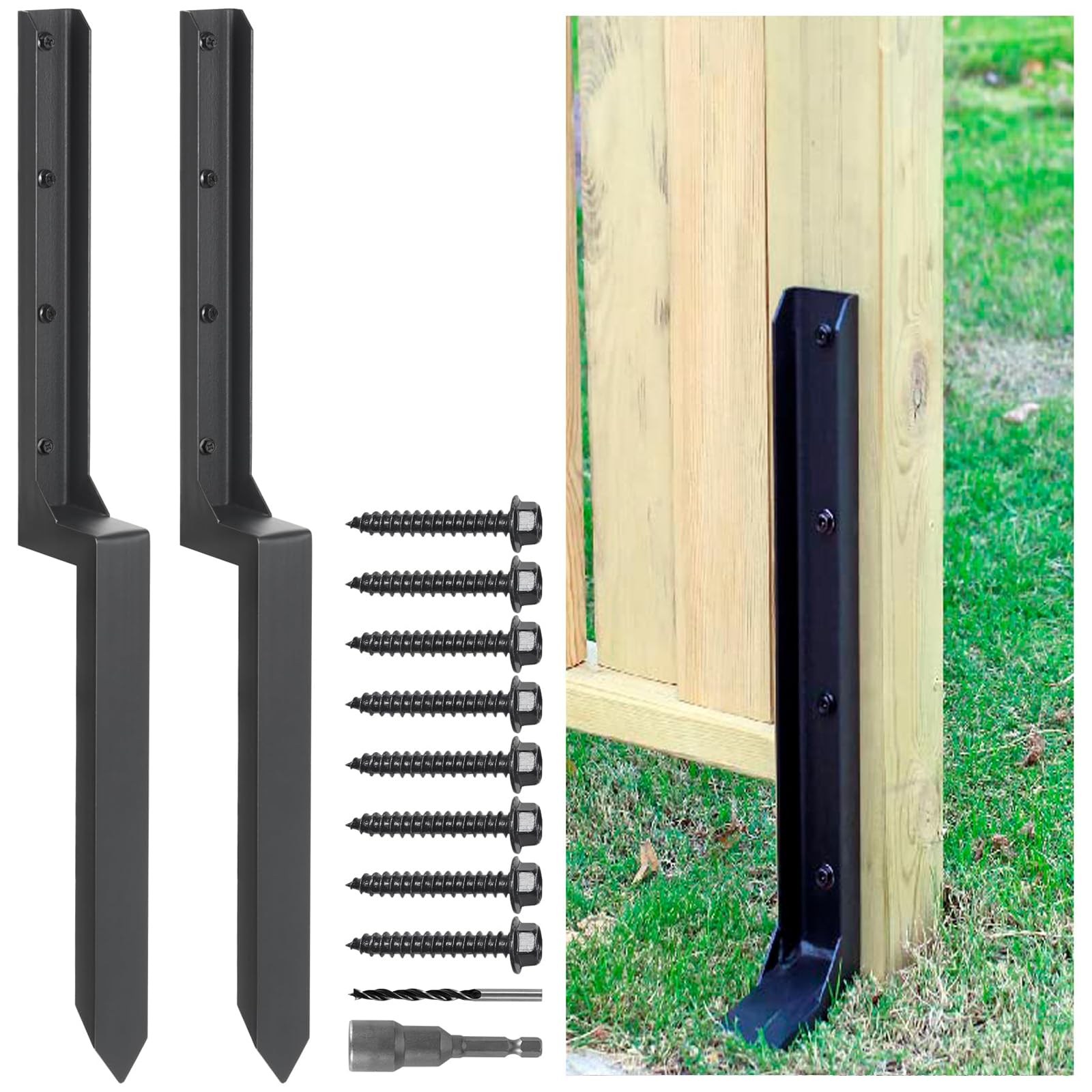 Heavy Duty Steel Fence Post Repair Stakes, 2 Pack | Ground Spike, For Tilted/Bro