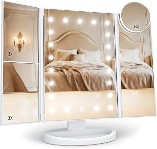 HUONUL 2X/3X/10X Magnifying Vanity Mirror with Light, Trifold Makeup Mirror | Touch Dimming, Dual Power, Clear View for Makeup, Skincare. Dorm Room Essentials. Birthday Gifts for Women, Mom, Wife, Girls