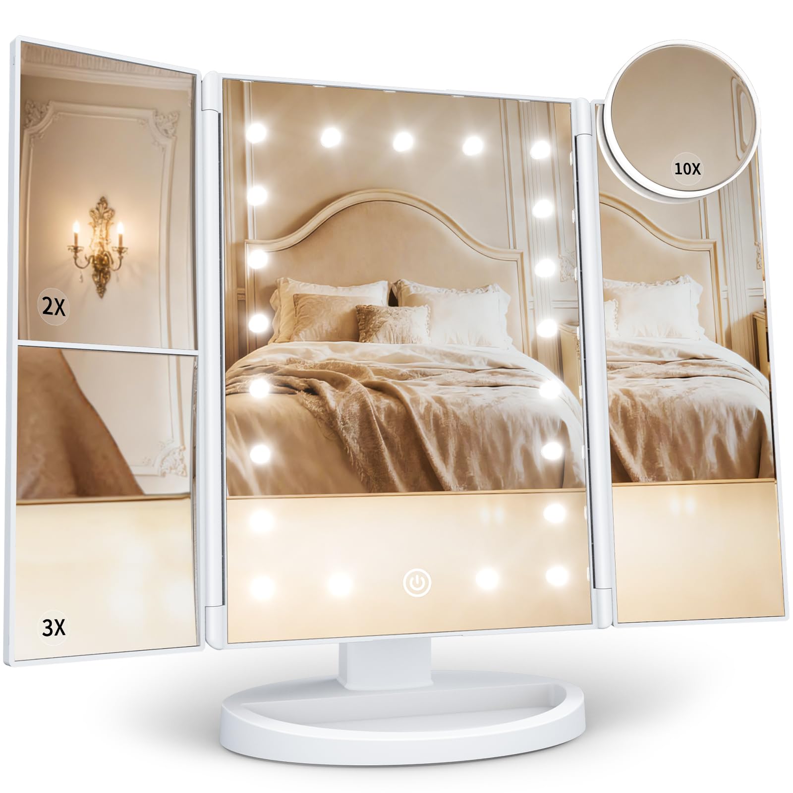 HUONUL 2X/3X/10X Magnifying Vanity Mirror with Light, Trifold Makeup Mirror | To