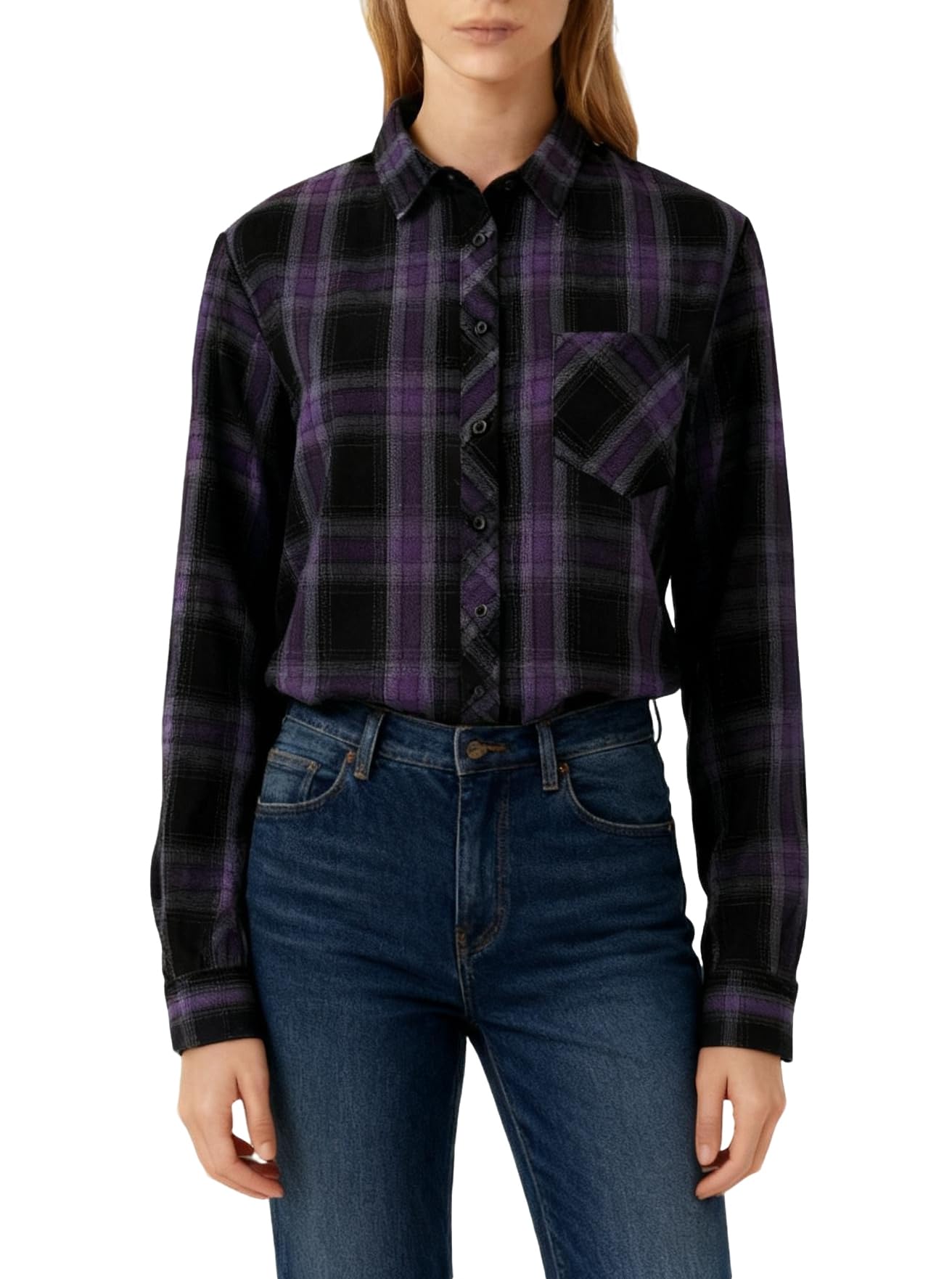 Betusline Long Sleeve Button Down Plaid Flannel Shirt
