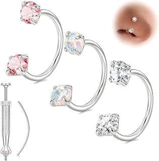 Horseshoe Nose Ring 20g 18g Gold Silver Opal CZ Double Gem Nose Rings Studs for Women Men 7mm 8mm Hypoallergenic Hoop Earrings Cartilage Helix Tragus Nostril Septum Daith Piercing Jewelry