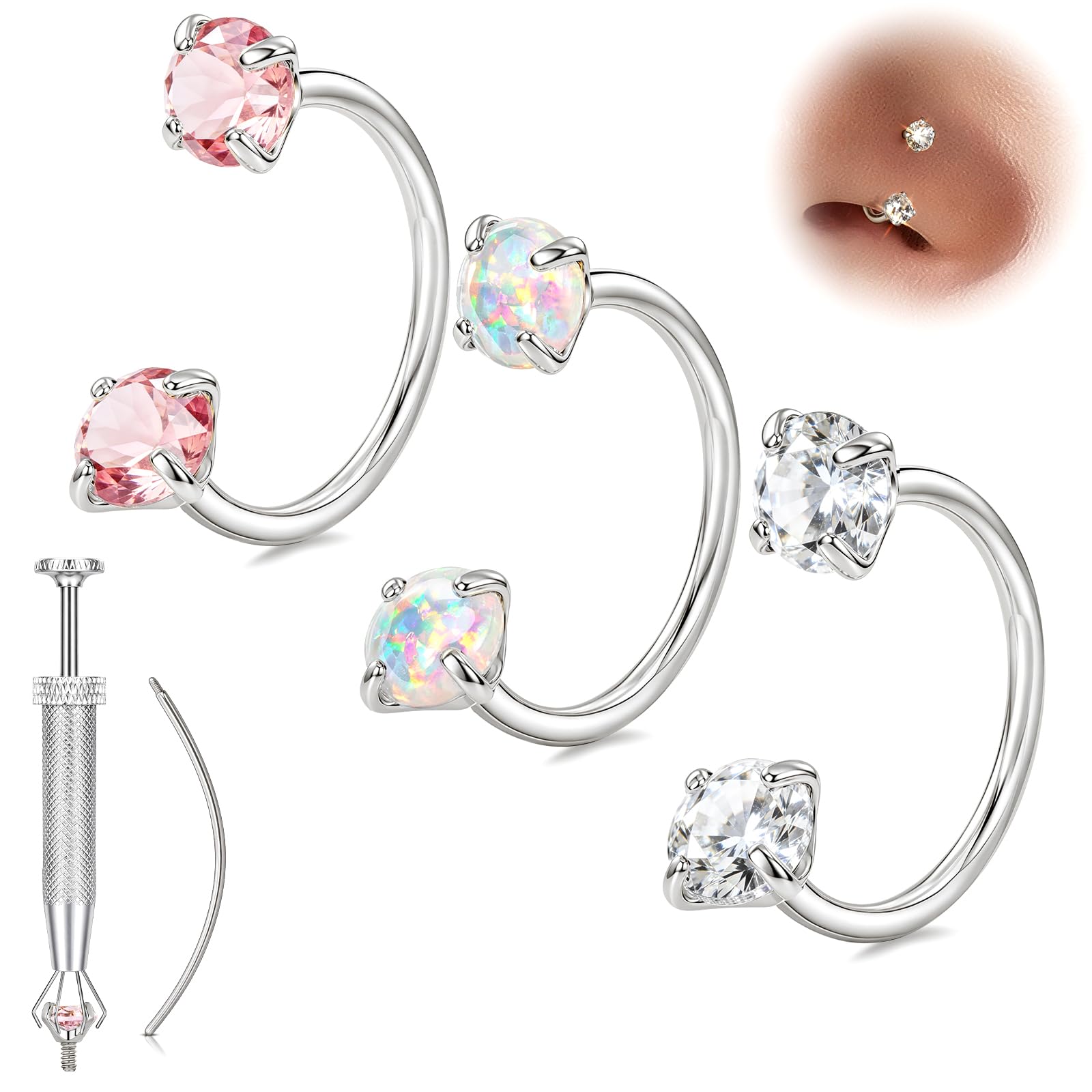 Horseshoe Nose Ring 20g 18g Gold Silver Opal CZ Double Gem Nose Rings Studs for 
